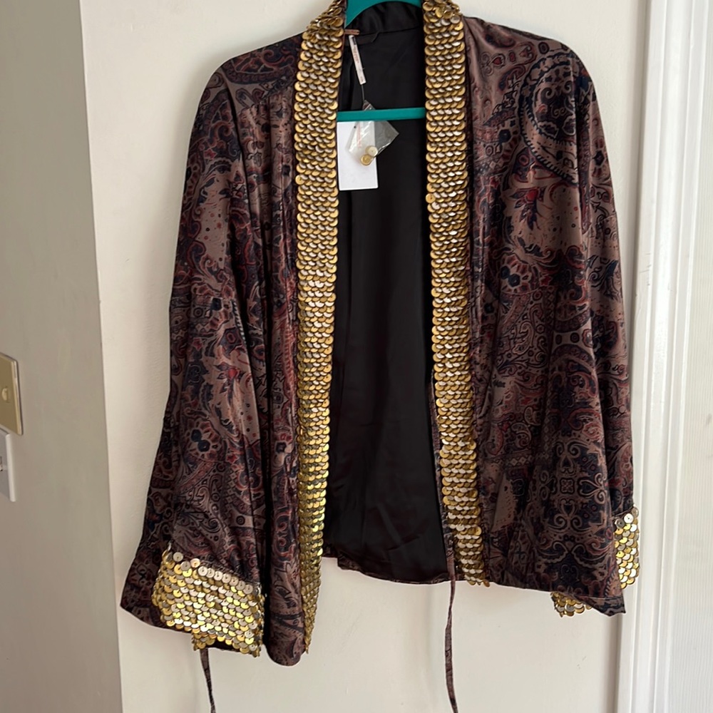 Free People Brown Paisley Velvet Sequin Trim Blazer